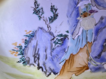A Chinese famille rose dish with a lady in a landscape, Yongzheng